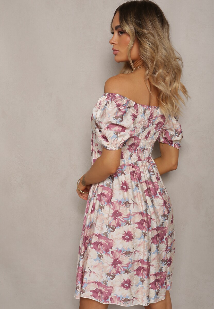 Roșu-Bej Rochie cu Decolteu Legat și Mâneci Bufante cu Elastic în Spate cu Model Floral Vikolla 3