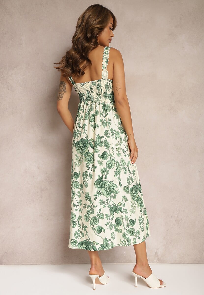 Rochie Alb-Verde din Bumbac cu Bretele cu Elastic în Talie și Șliț Decorativ pe Picior Dimrrou 3