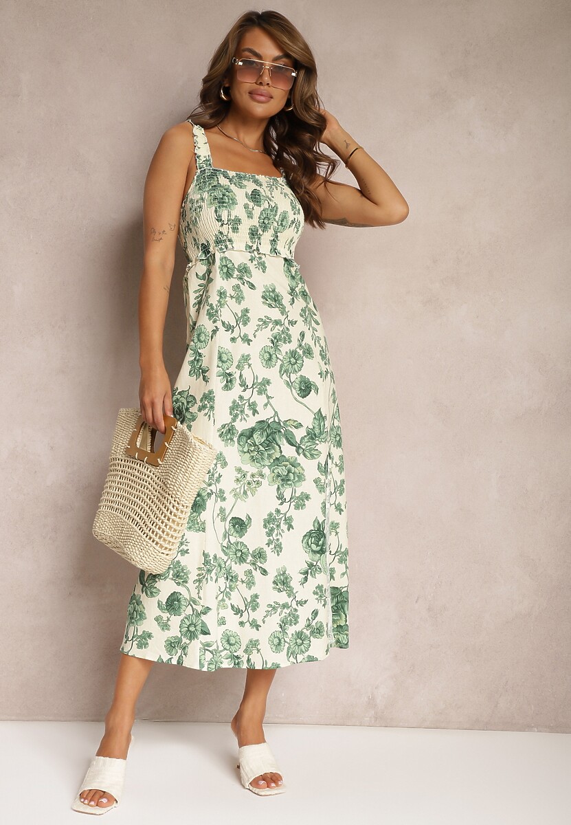 Rochie Alb-Verde din Bumbac cu Bretele cu Elastic în Talie și Șliț Decorativ pe Picior Dimrrou 2