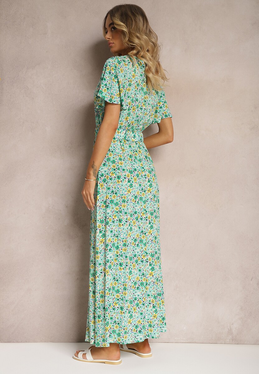 Rochie Verde Tip Camasa din Vascoza cu Curea din Material si Elastic in Talie cu Slita Vikali 3