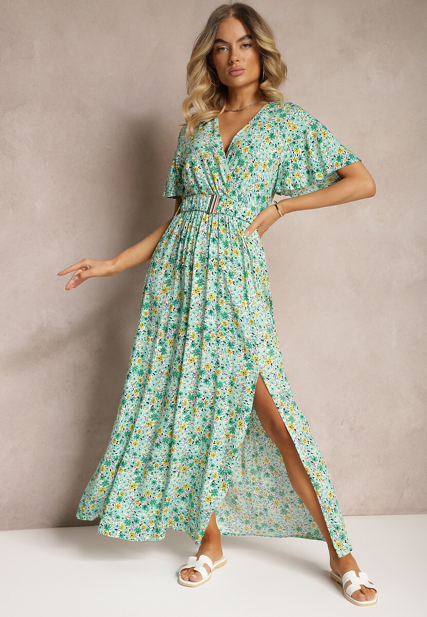 Rochie Verde Tip Camasa din Vascoza cu Curea din Material si Elastic in Talie cu Slita Vikali 1