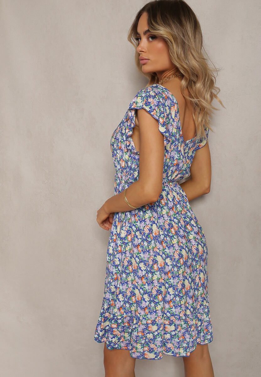 Rochie albastră de bumbac cu elastic în talie și decolteu în V Delletta 3