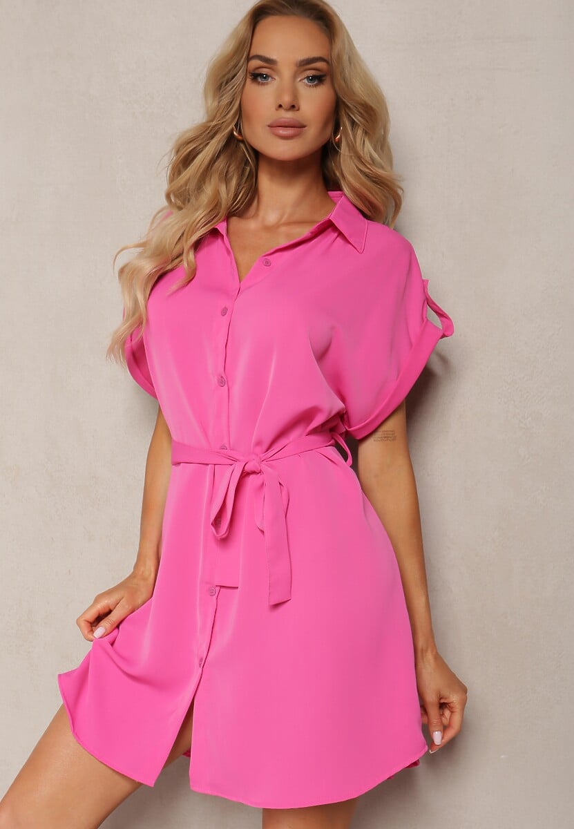 Rochie cămașă evazată fuchsia cu cordon Vikira 1
