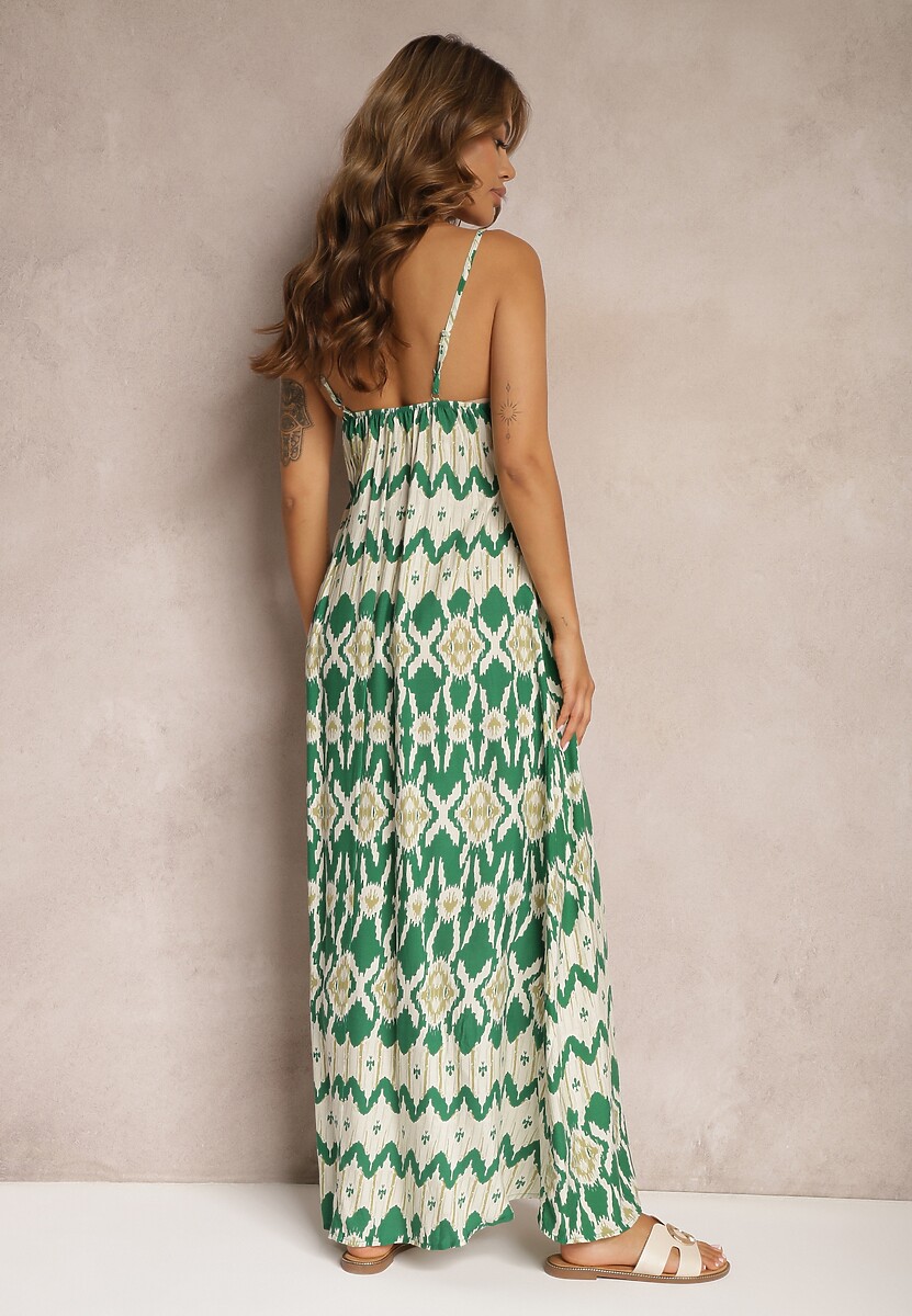 Rochie verde din viscoză cu bretele cu croi evazat și model geometric Xervidia 3