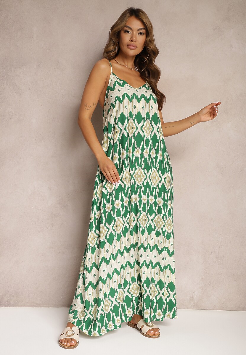 Rochie verde din viscoză cu bretele cu croi evazat și model geometric Xervidia 1