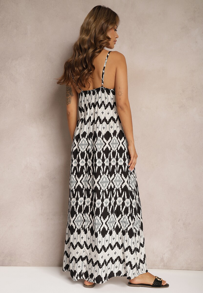 Rochie Alb-Negru din Viscoză cu Bretele cu Croi Clos și Model Geometric Xervidia 3