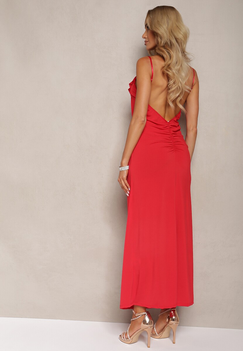 Rochie de Cocktail Roșie Conică cu Broșă Ornament Floare și Volan Vikassa 3