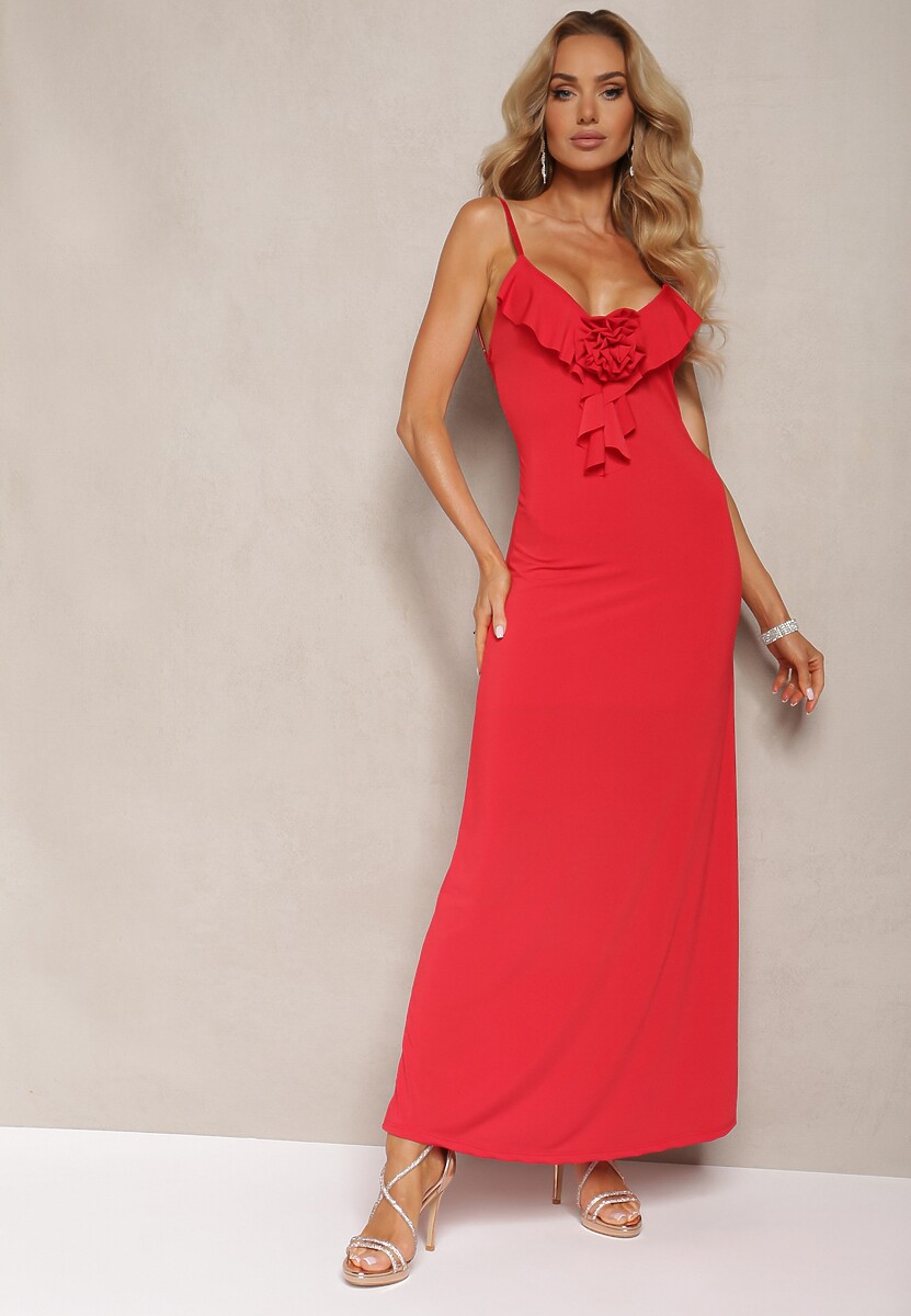 Rochie de Cocktail Roșie Conică cu Broșă Ornament Floare și Volan Vikassa 1