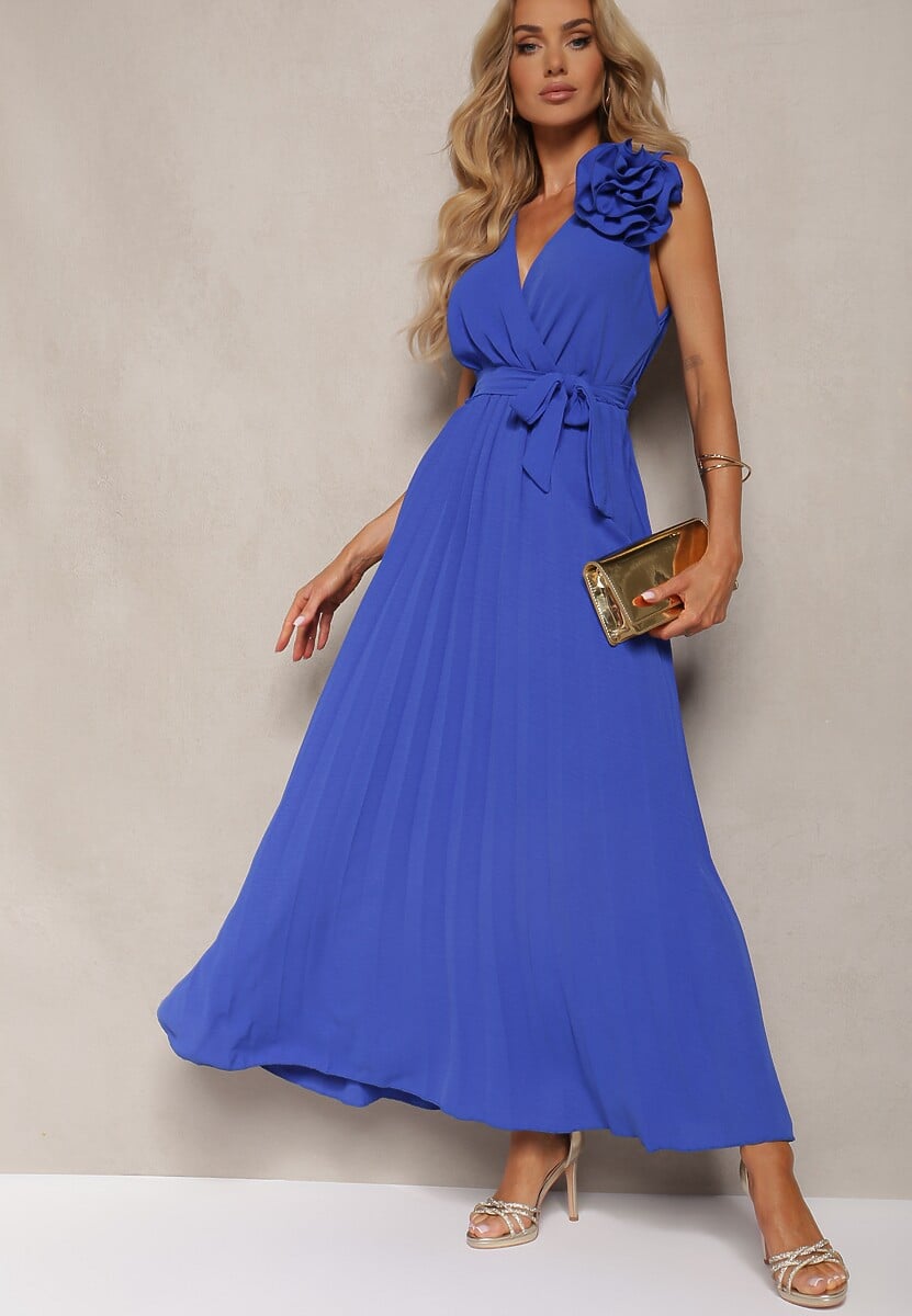 Rochie de Cocktail Bleumarin Pliuri cu Broșă Florală Curea și Elastic în Talie Viknna 1