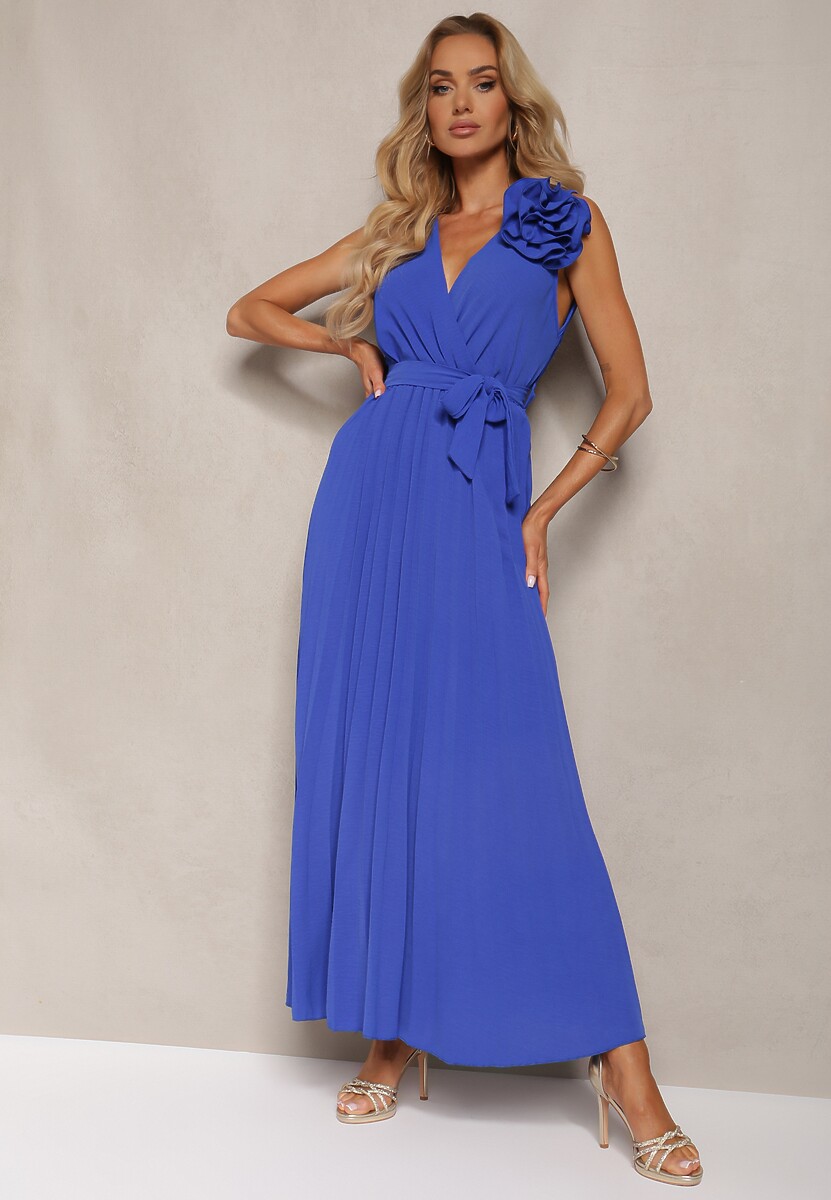 Rochie de Cocktail Bleumarin Pliuri cu Broșă Florală Curea și Elastic în Talie Viknna 2