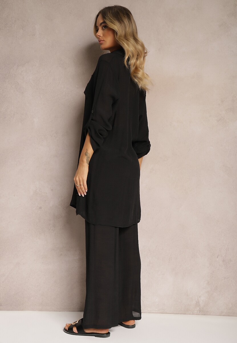 Set Negru Două Piese Cămașă cu Mânecă 3/4 Pantaloni cu Elastic în Talie și Șliț Oeviana 3