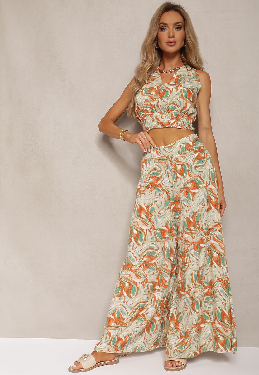 Portocaliu-Verde Set Boho din Bumbac Top Scurt cu Bretele Elastice Pantaloni Largi Rasida 2
