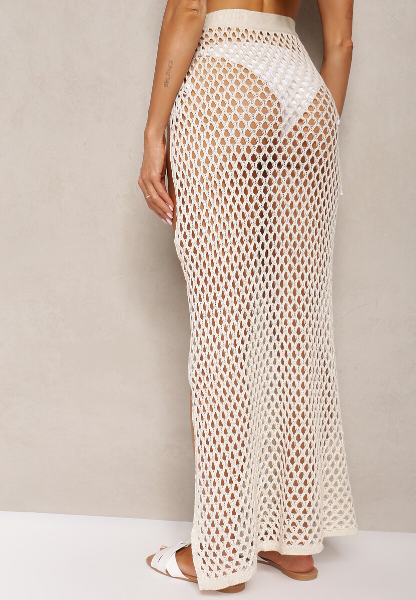 Beżowa Ażurowa Spódnica High Waist Wiązana z Boku w Pasie Vikiarria 3