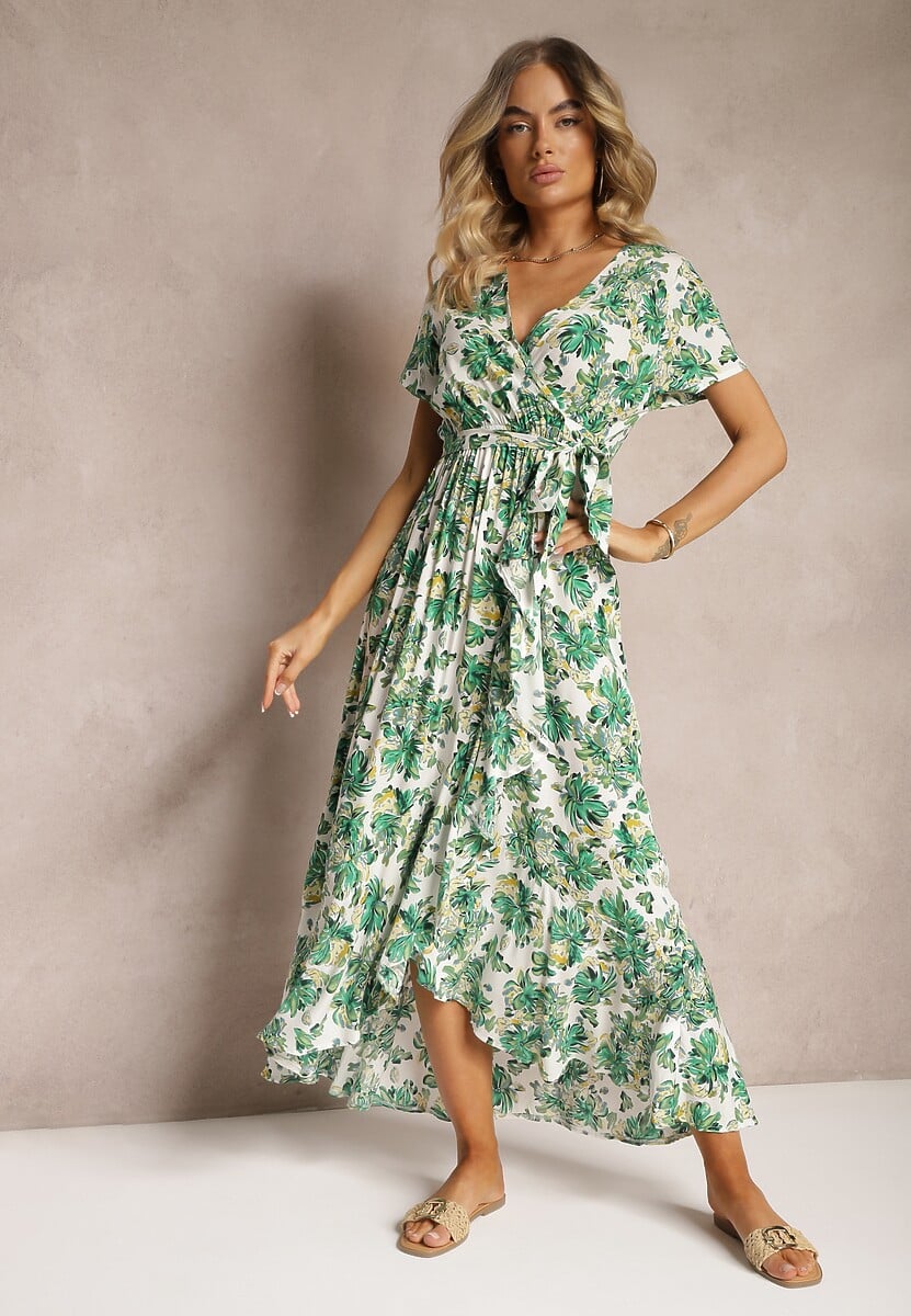 Rochie Verde Cloș din Viscoză cu Elastic în Talie și Curea din Material Vikllia 1