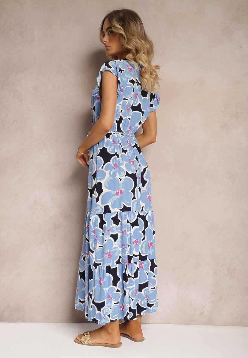 Rochie Albastră Florală din Viscoză cu Elastic în Talie Legată cu Curea din Material Vikennia 3