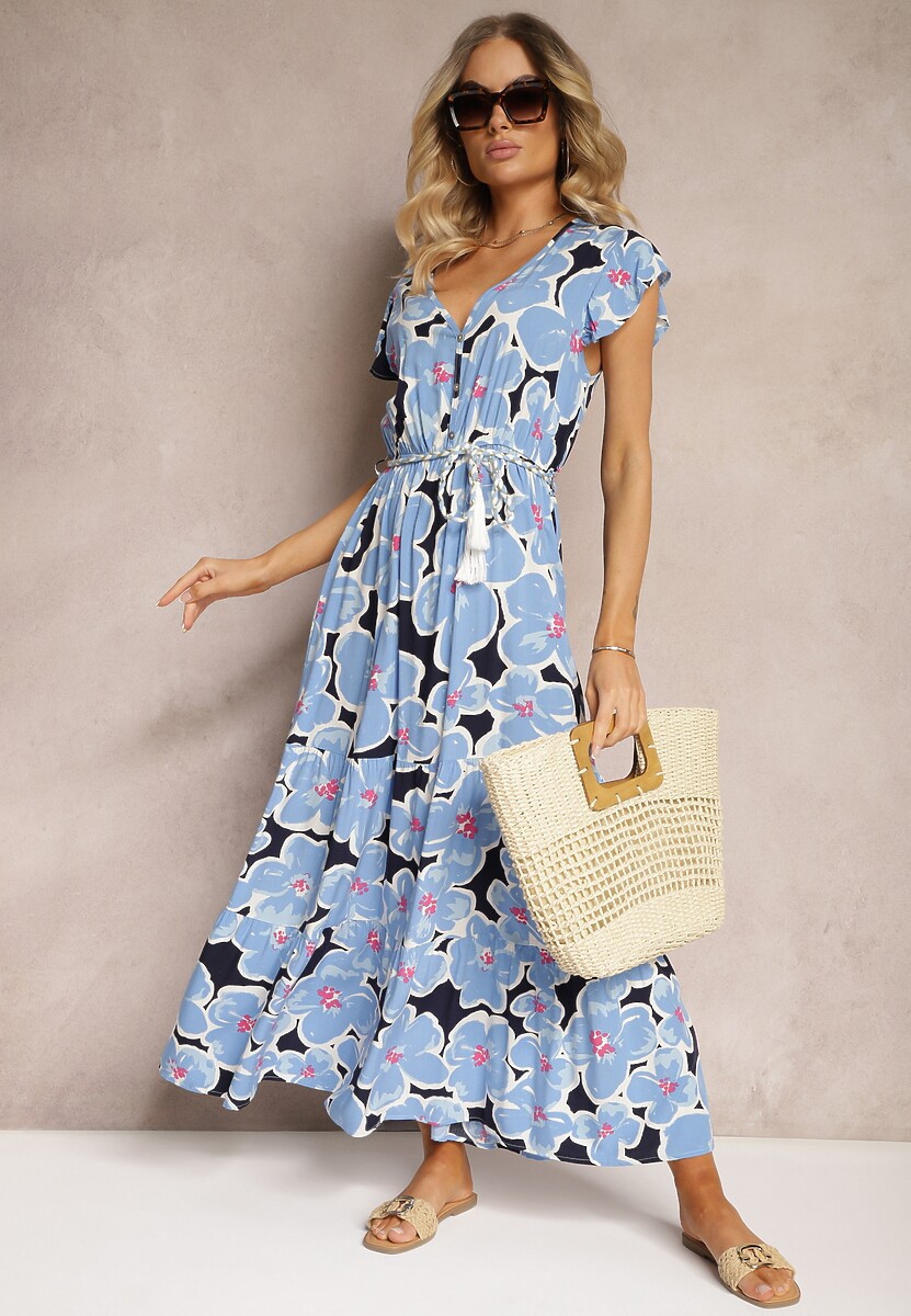 Rochie Albastră Florală din Viscoză cu Elastic în Talie Legată cu Curea din Material Vikennia 1