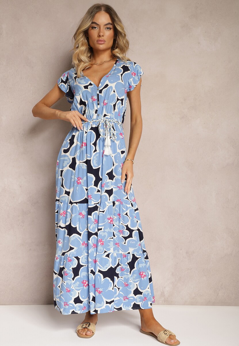 Rochie Albastră Florală din Viscoză cu Elastic în Talie Legată cu Curea din Material Vikennia 2
