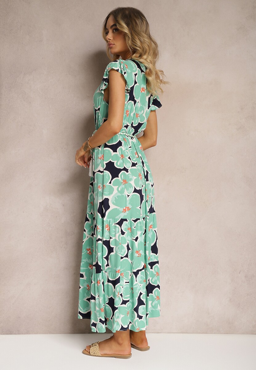 Rochie Verde Florală din Viscoză cu Elastic în Talie Legată cu Curea din Material Vikennia 3