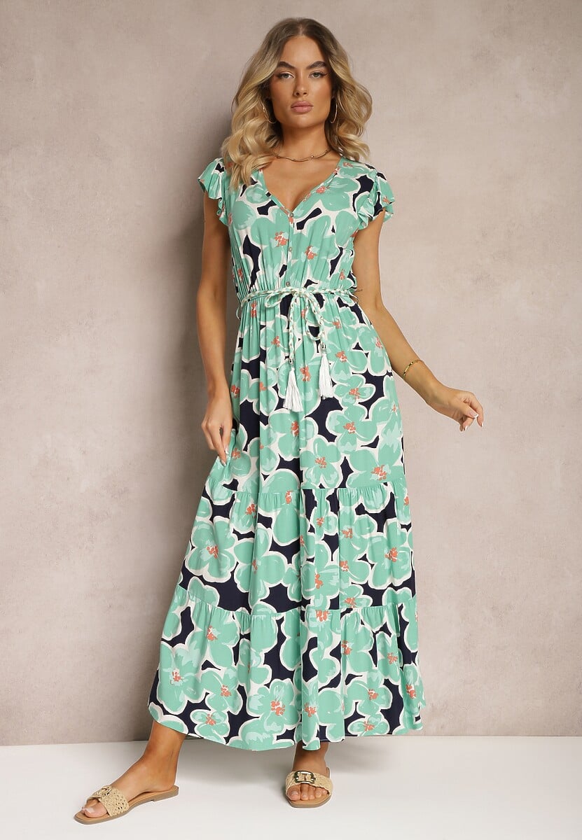 Rochie Verde Florală din Viscoză cu Elastic în Talie Legată cu Curea din Material Vikennia 1