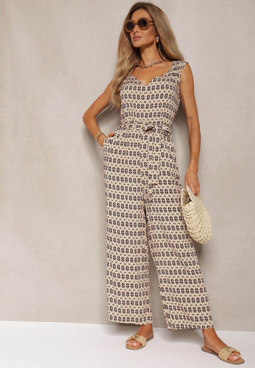 Bej Talie Jumpsuit Vascoză Bretele Legat Talie Seadia 1