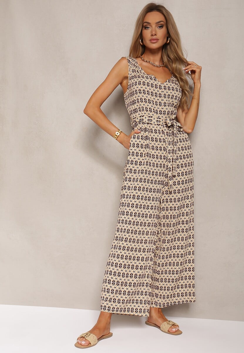 Bej Talie Jumpsuit Vascoză Bretele Legat Talie Seadia 2