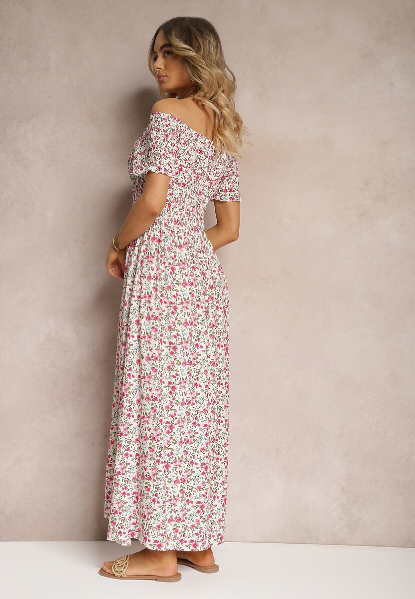 Rochie Alb-Roz Florală Spaniolă cu Elastic în Talie Naadia 3