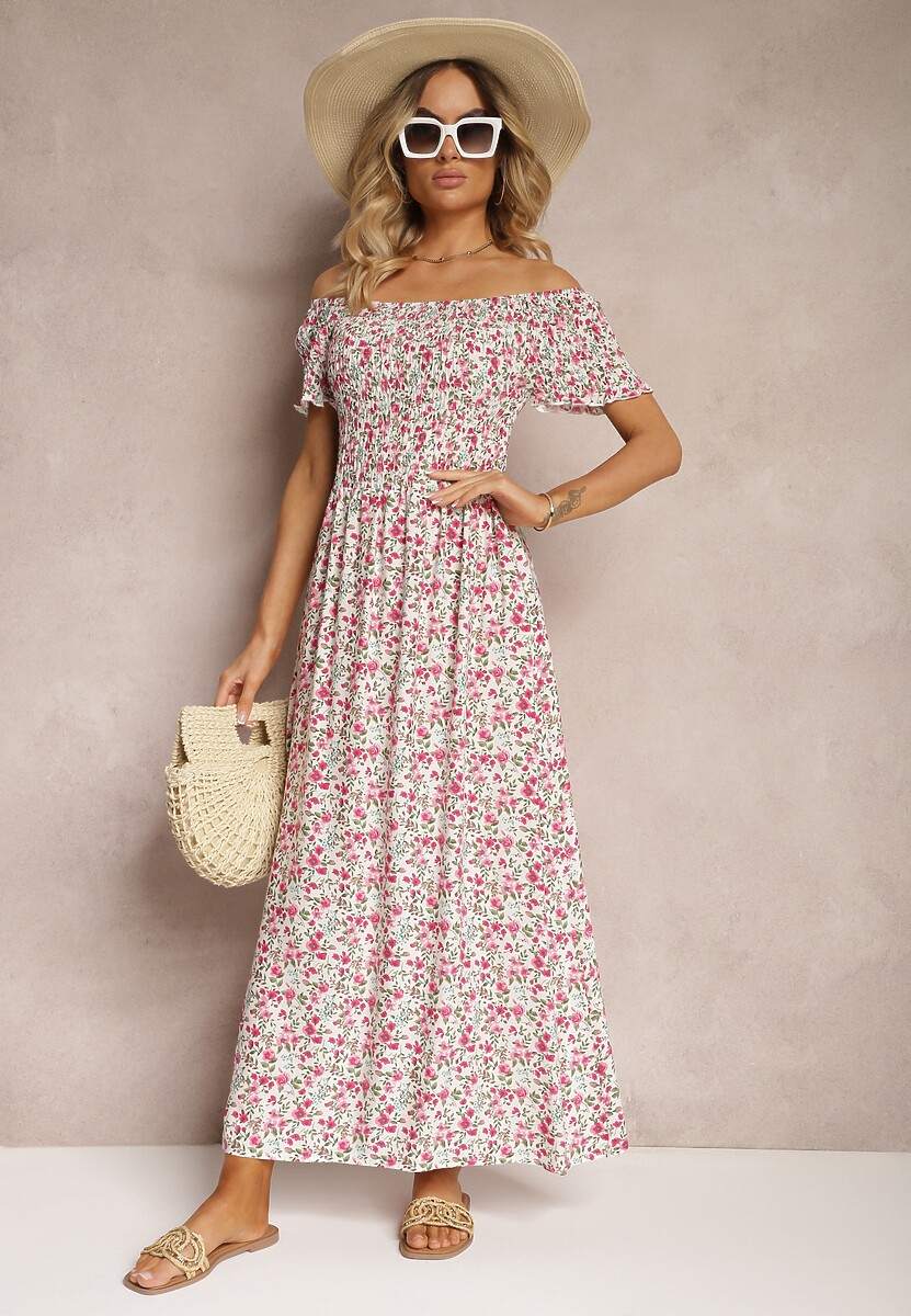 Rochie Alb-Roz Florală Spaniolă cu Elastic în Talie Naadia 1