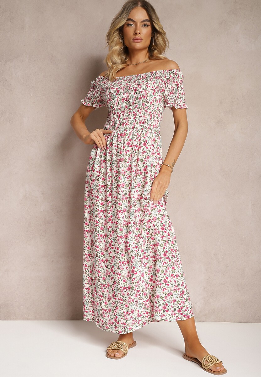 Rochie Alb-Roz Florală Spaniolă cu Elastic în Talie Naadia 2