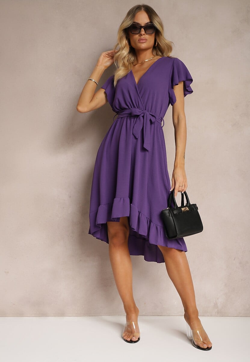 Rochie Violetă cu Spate Asimetric cu Decolteu Petrecut Accesorizată cu Curea în Talie Toridia 2