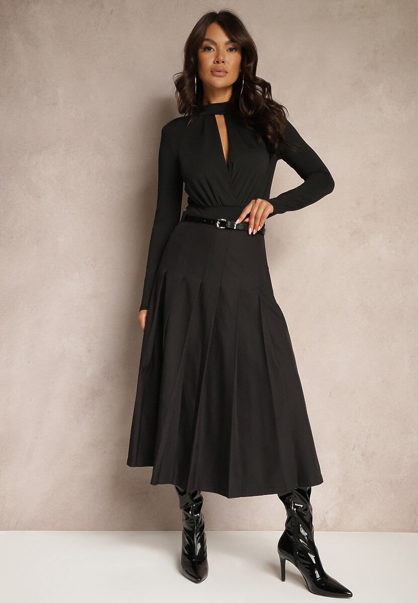 Fustă Neagră High Waist cu Pliuri și Curea în Talie Xeviana 1