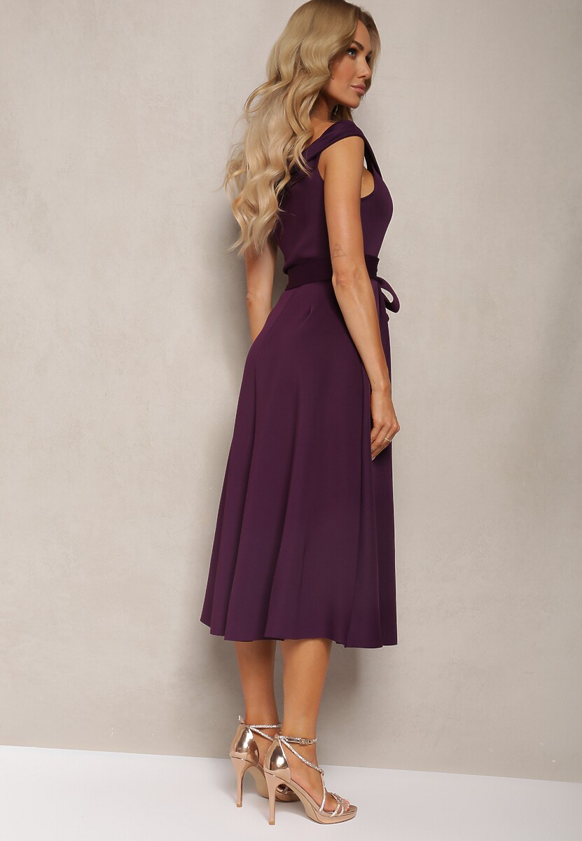 Rochie de seară violet închis tip Carmen cu curea din material Yellia 3