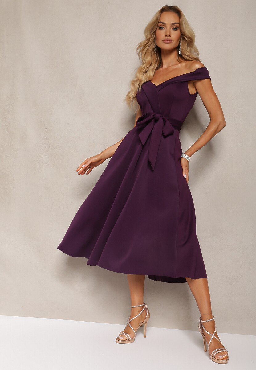 Rochie de seară violet închis tip Carmen cu curea din material Yellia 1