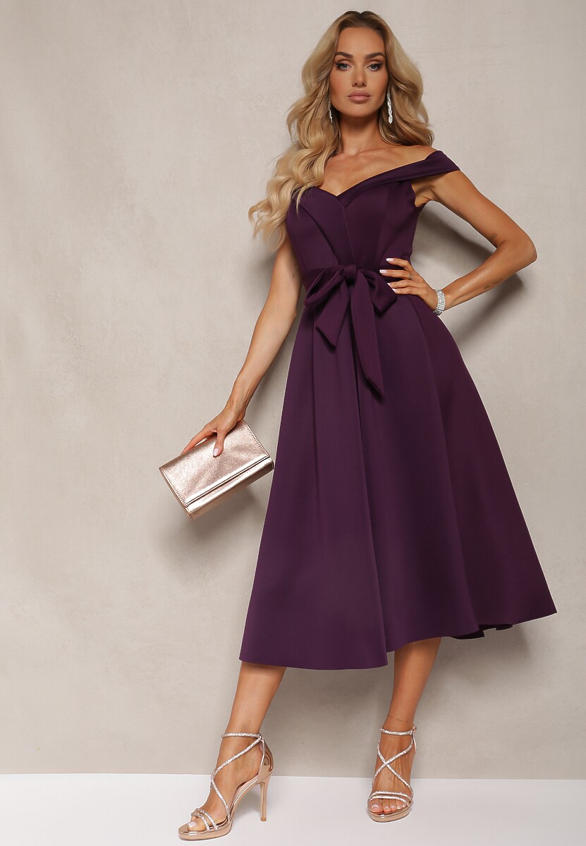 Rochie de seară violet închis tip Carmen cu curea din material Yellia 2