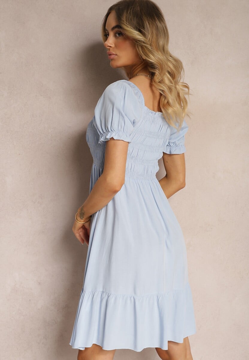 Rochie din Bumbac Albastru Deschis Cu Croi Clos cu Elastic la Decolteu Moridia 3