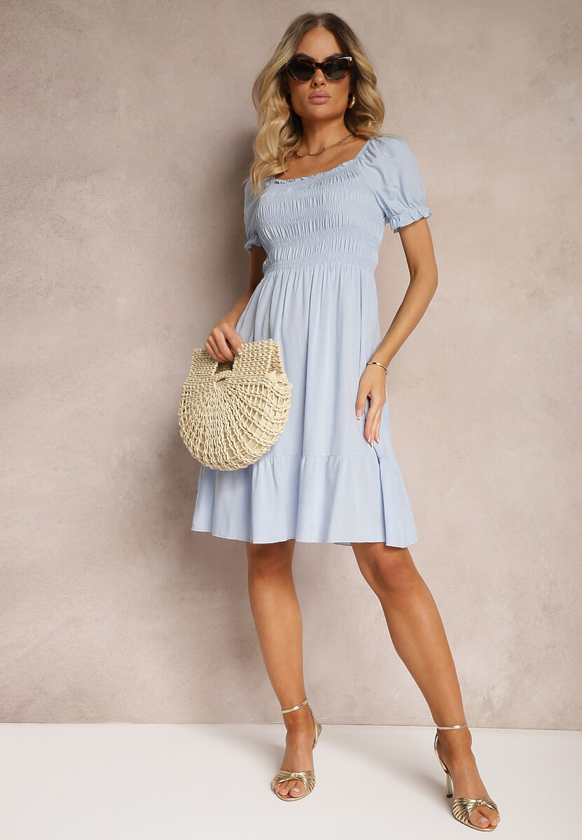 Rochie din Bumbac Albastru Deschis Cu Croi Clos cu Elastic la Decolteu Moridia 2