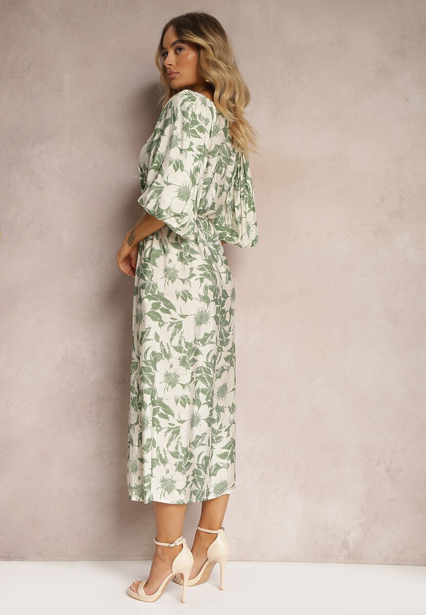 Rochie verde-albă din viscoză cu legare în talie și mâneci decorative Nanea 3