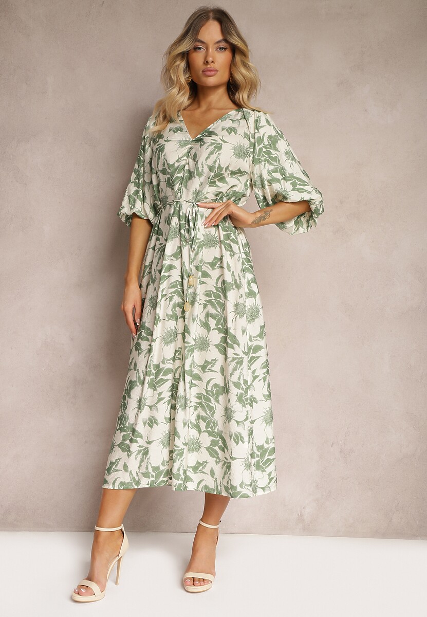 Rochie verde-albă din viscoză cu legare în talie și mâneci decorative Nanea 2