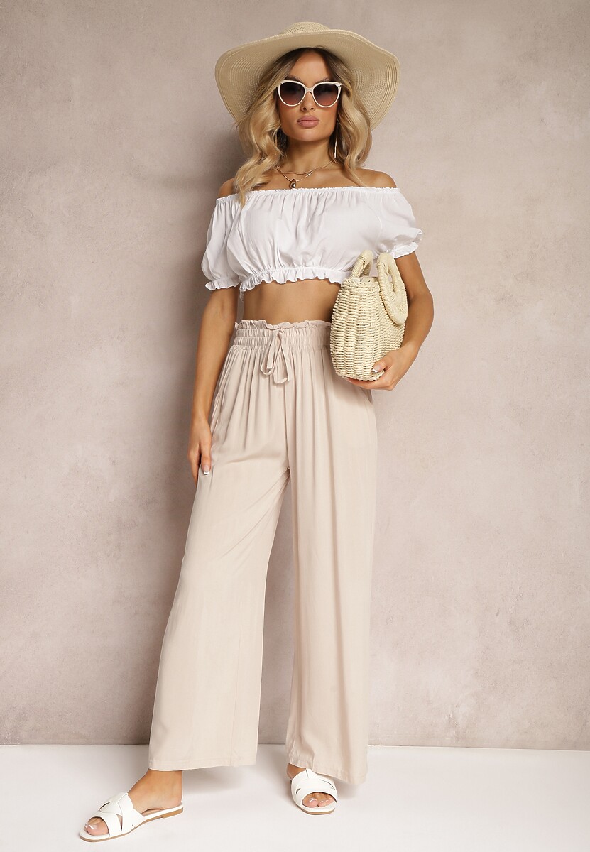 Pantaloni Palazzo bej deschis talie înaltă din bumbac cu elastic în talie Nellsea 2
