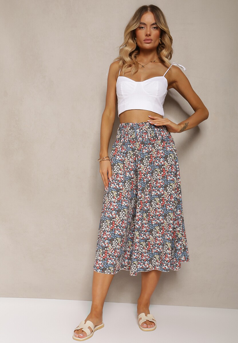 Albastru-Roz Pantaloni Largi Culotte Talie Înaltă cu Elastic în Talie Vikiisona 2