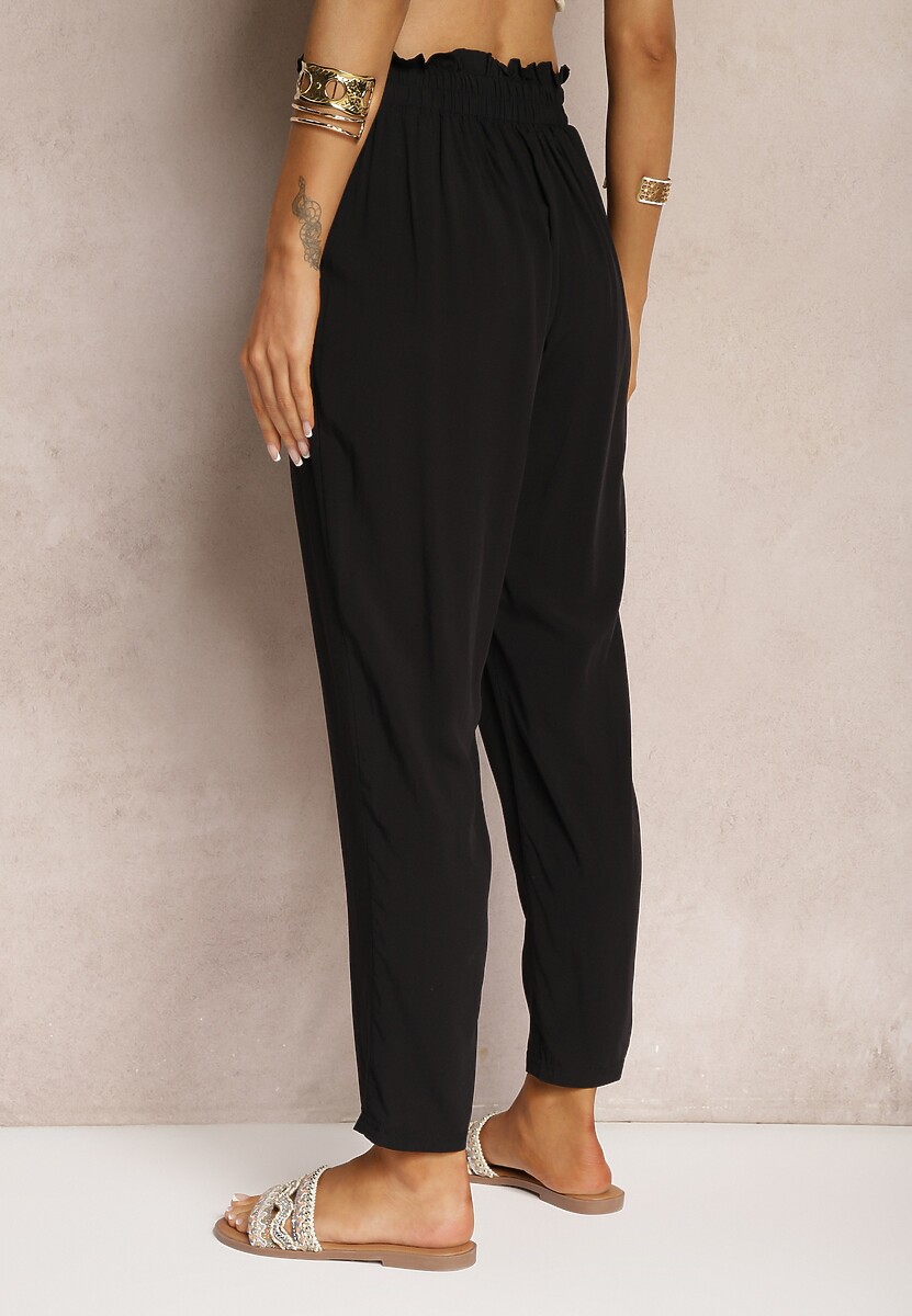 Czarne Spodnie z Bawełny Typu Paper Bag High Waist z Gumką w Talii Kitanea 3