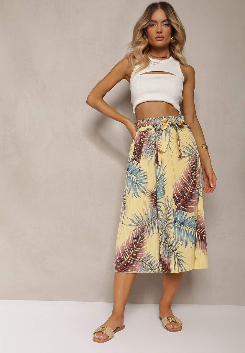 Żółte Plisowane Spodnie z Szerokimi Nogawkami High Waist z Gumką w Talii Alfia 2
