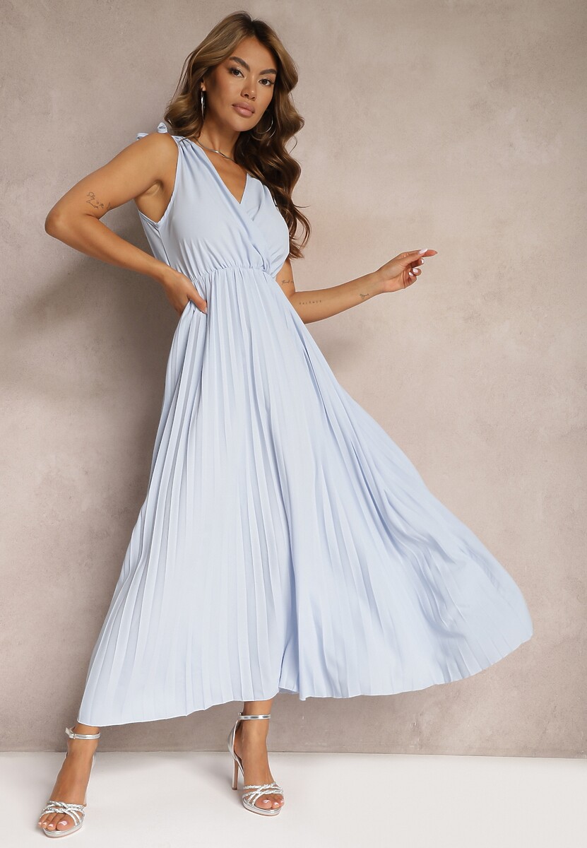 Rochie bleumarin clos evazată plisată cu viscoză și bumbac cu elastic în talie Yefia 1