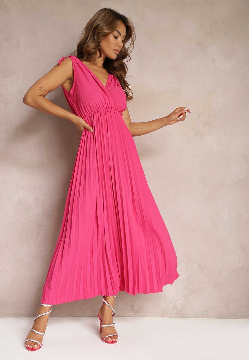 Rochie Clos Fuchsia Pliuri Viscoză și Bumbac Elastic în Talie Yefia 1