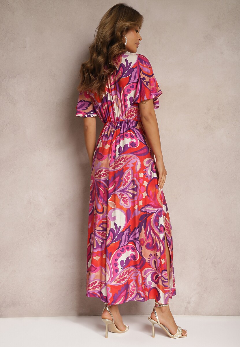 Rochie Violet-Roz din Viscoză cu Croi Clos cu Nod Decorativ și Mâneci Lărgi Janamla 3