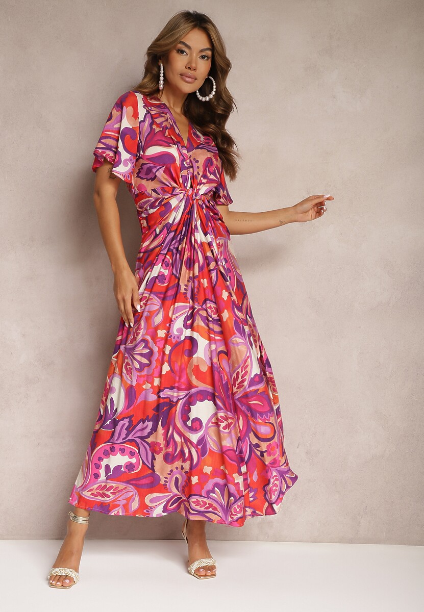 Rochie Violet-Roz din Viscoză cu Croi Clos cu Nod Decorativ și Mâneci Lărgi Janamla 1