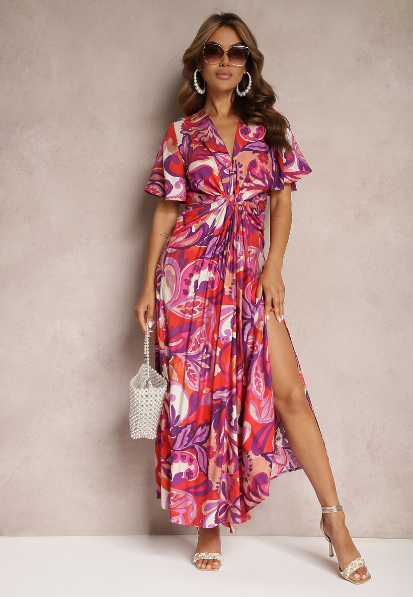 Rochie Violet-Roz din Viscoză cu Croi Clos cu Nod Decorativ și Mâneci Lărgi Janamla 2