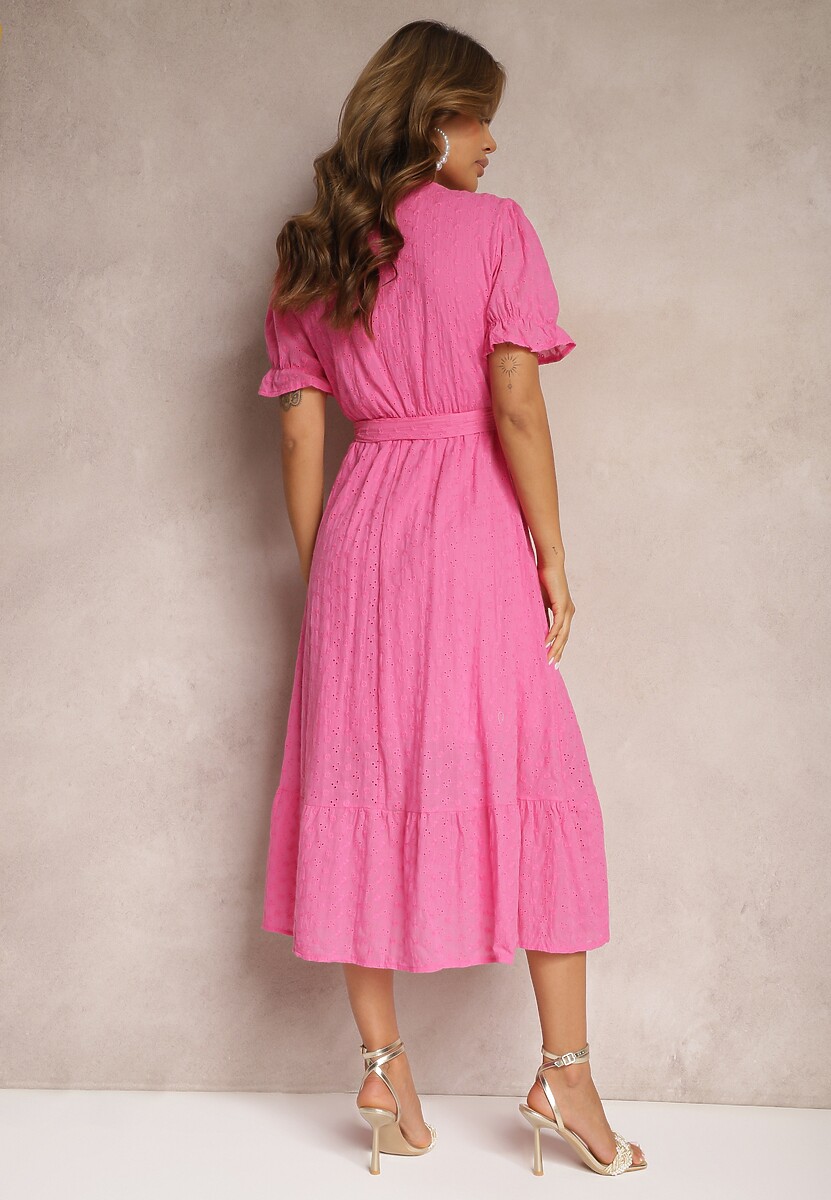 Rochie Fucsia Cloș cu Adaos de Bumbac cu Curea în Talie Cassavia 3