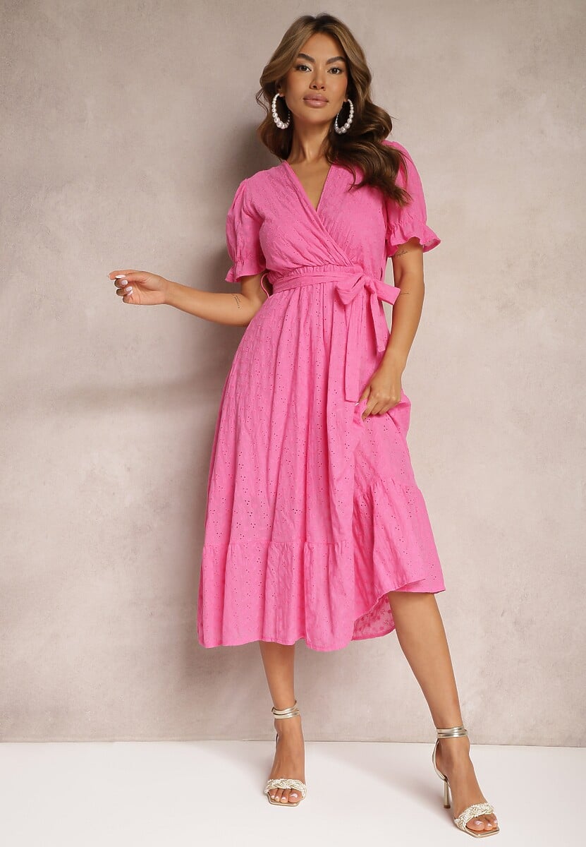 Rochie Fucsia Cloș cu Adaos de Bumbac cu Curea în Talie Cassavia 1