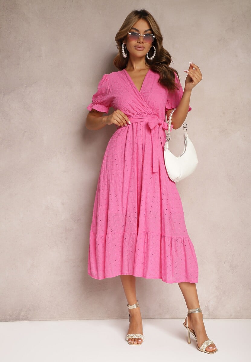 Rochie Fucsia Cloș cu Adaos de Bumbac cu Curea în Talie Cassavia 2