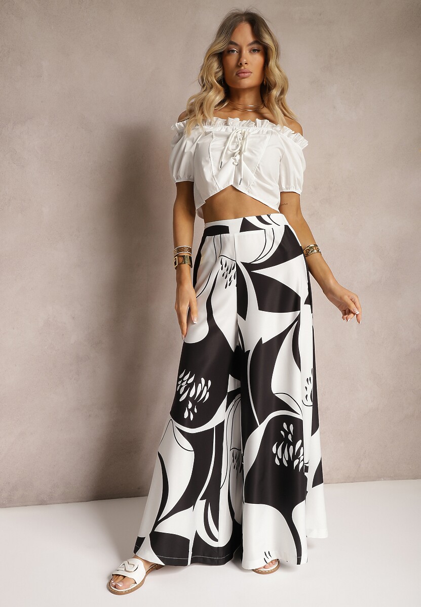Czarno-Białe Szerokie Spodnie Palazzo z Wiskozy High Waist z Gumką w Pasie Vorrlea 1